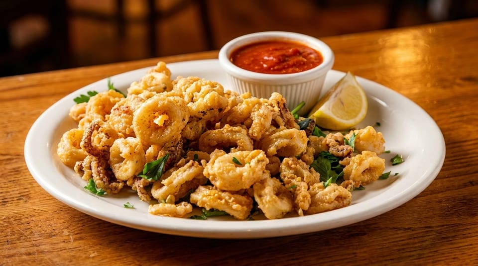Crispy fried calamari with marinara sauce, a lemon wedge, and parsley on a white plate.