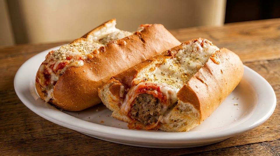 Two meatball subs with melted cheese and marinara sauce on a white plate.