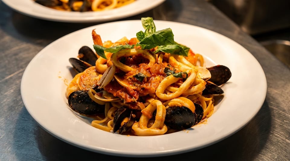 Close-up of seafood pasta with mussels, calamari, and shrimp in red sauce, garnished with basil.