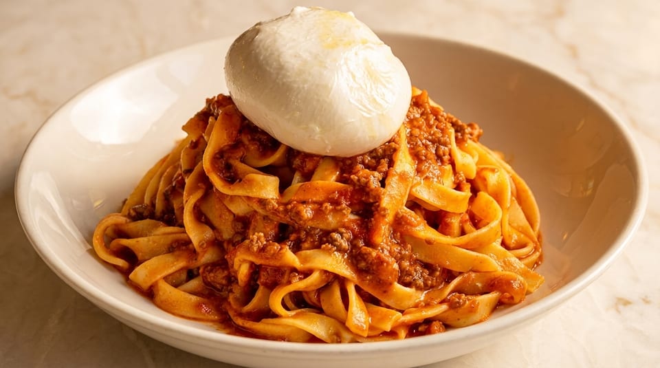 Fettuccine pasta with bolognese sauce and a large burrata cheese ball on top in a white bowl.